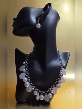 Pearl & Rose Quartz Dangle Necklace and Earring Set - Silver Tone